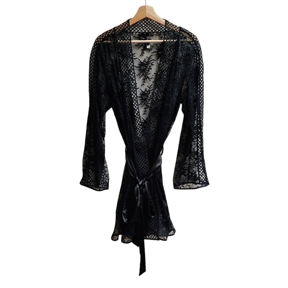 Black Sheer Mesh & Lace Boudoir Wrap Robe Ohlala Cheri Paris Size 2XL